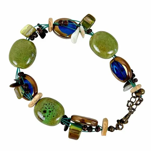 Retired Premier Designs Jewelry Bracelet Island Girl Green & Blue Beads Adjustab - Picture 2 of 6